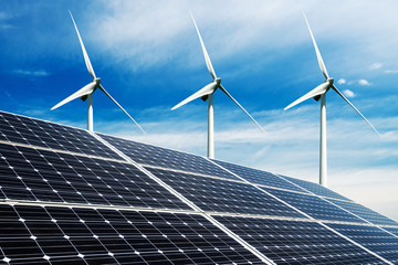 Photo collage of solar panels and wind turbins - concept of sustainable resources
