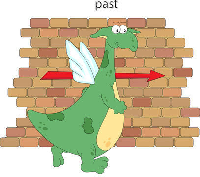 Cartoon dragon goes past the brick wall. English grammar in pictures