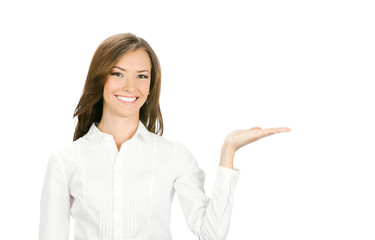 businesswoman, showing something or copyspace