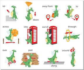 Cartoon dragon prepositions of movement. English grammar in pictures