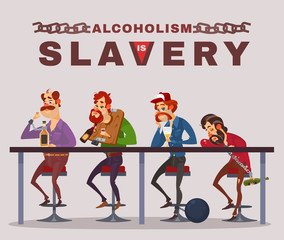 Vector cartoon illustration of men with alcohol addiction, metaphor