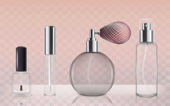 Collection of empty glass cosmetic bottles in realistic style