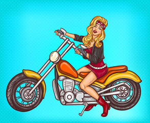 Fototapeta na wymiar Vector pop art sexy biker girl sitting on a motorcycle