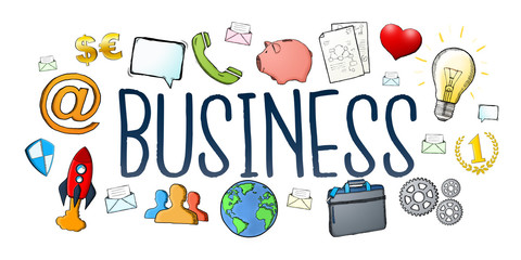 Hand-drawn business text and icons