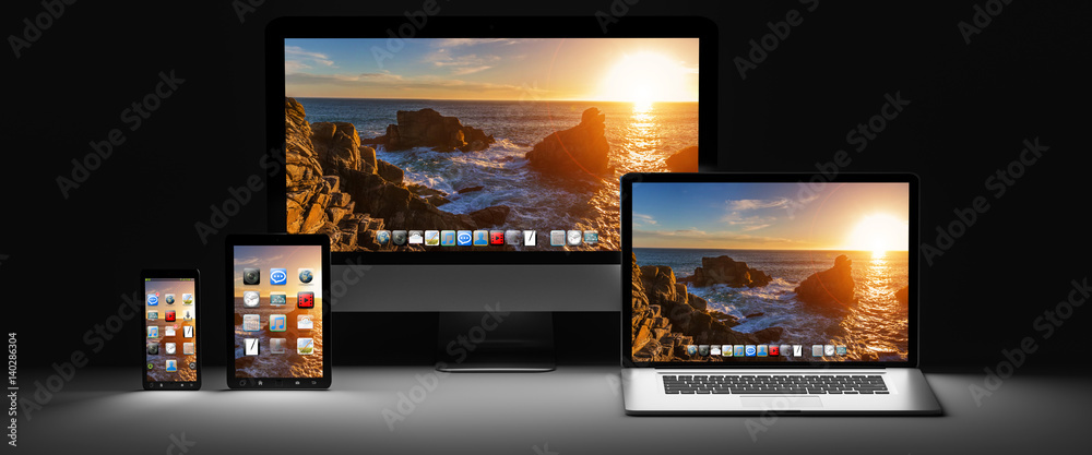 Sticker dark modern computer laptop mobile phone and tablet 3d rendering