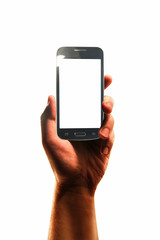 Hand with smartphone isolated in white background