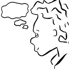 Dreaming boy cartoon character with text bubble. Little child with naughty or curious face expression.