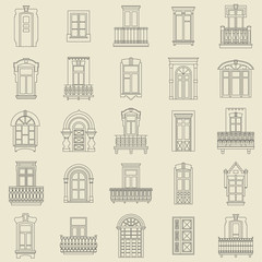 Vector set of black  thin line icons of vintage decorative doors, windows, balconies on white background. - 140287911