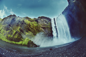 Fototapeta na wymiar famous Skogarfoss waterfall in southern Iceland. treking in Iceland. Travel and landscape photography concept