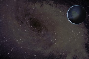 Naklejka premium Black hole and planets . Planet Earth in outer space . Bright beams of radiation. 
