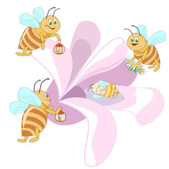 The family of bees flying to a pink flower where the baby bee is sleeping. Insects with lanterns gathered around the newborn