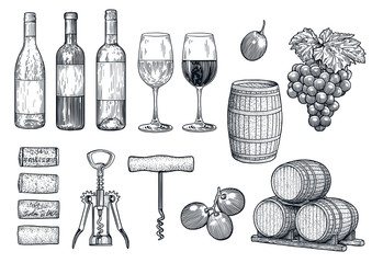 Wine stuff illustration, drawing, engraving, ink, line art, vector - obrazy, fototapety, plakaty
