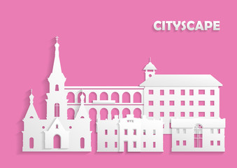 Template for the site, postcard, poster. The concept of ancient city cut out of white paper on pink background. Church, houses and arched bridge.