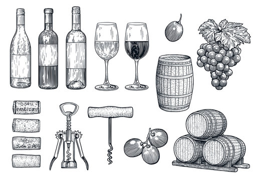 Naklejka Wine stuff illustration, drawing, engraving, ink, line art, vector