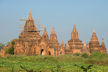 Restored ancient Buddhist temple complex in the vicinity of old Bagan. Myanmar