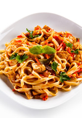 Rice noodles with meat, sauce and vegetables