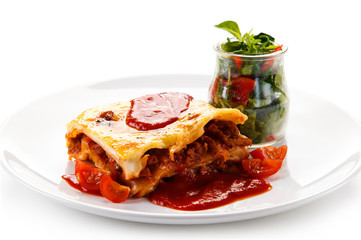 Lasagna on white background