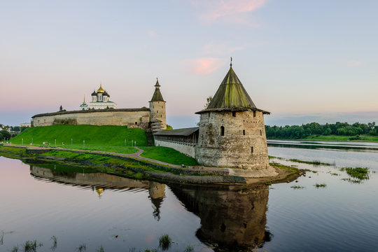 The ancient Kremlin in the city of Pskov in Russia in the soft evening light