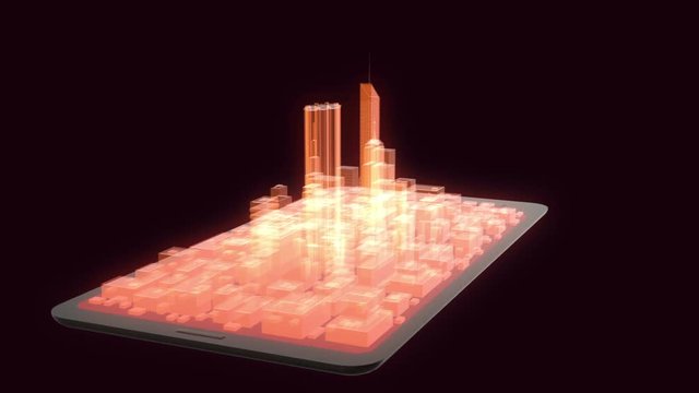 Technology device with abstract futuristic city hologram on screen. 3d buildings, skyscrapers in abstract style on black background.