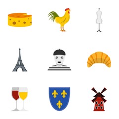 Travel to France icons set, flat style