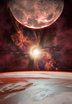 Fototapeta Fantasy composition of a moonrise over the planet Earth. The V1331Cyg star shines over the Butterfly Nebula. Elements of this image furnished by NASA.