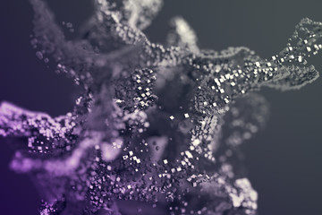 Fototapeta premium Abstract 3d rendering of chaotic particles. Flying cubes in empty space. Dynamic shape. Futuristic background with bokeh, depth of field effect. Design for poster, banner, placard.