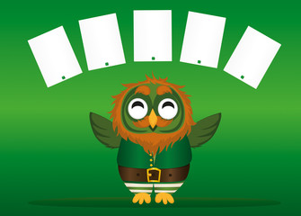 A happy owl with a beard in a suit and hat on St. Patrick's day 