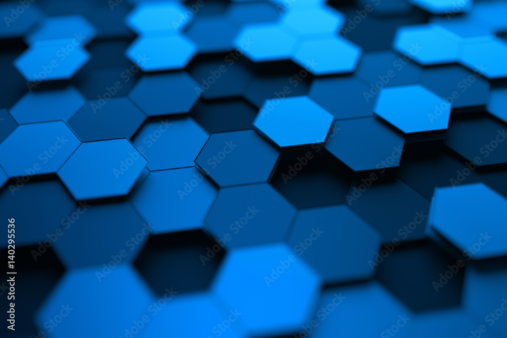 Poster abstract 3d rendering of futuristic surface with hexagons. contemporary sci-fi background with bokeh