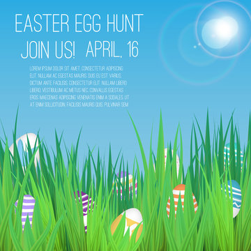 Easter Egg Hunt poster with grass and realistic eggs.