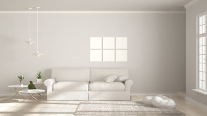 Minimalist room, simple white living with big window, scandinavian classic interior design