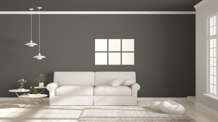 Minimalist room, simple white and gray living with big window, scandinavian classic interior design