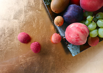 tropical fruits on a kitchen table
