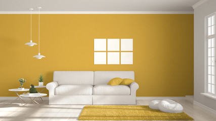 Minimalist room, simple white and yellow living with big window, scandinavian classic interior design