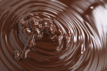 premium dark chocolate poured in bowl, shallow focus