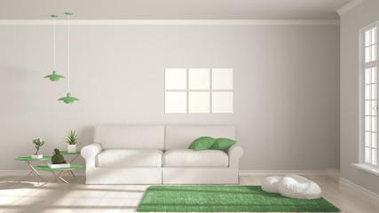 Minimalist room, simple white and green living with big window, scandinavian classic interior design
