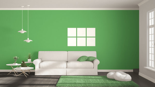 Minimalist room, simple white, gray and green living with big window, scandinavian classic interior design