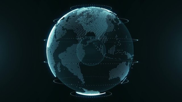 Abstract futuristic rotating world globe in particles or small dots. Modern technology background for broadcast. Virtual digital planet Earth on black background. Loop animation.