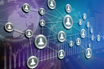 Concept of business international network interface with finance and city background - Technology concept