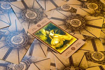 Tarot card Qeen of Pentacles. Labirinth tarot deck. Esoteric background.