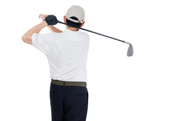 Rear view of Asian Chinese Man Swinging Golf Club