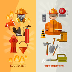 Naklejka premium Professional firefighters banners fire safety equipment fireman vector