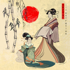 Fototapety  Piękna japońska gejsza, klasyczna japońska kobieta starożytny styl rysowania wektora