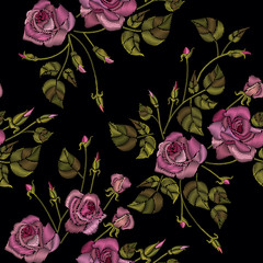 Roses embroidery seamless pattern on a black background. Classic style embroidery