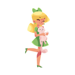 Teen, teenage girl in green dress holding and cuddling fluffy cat, kitten, pet, cartoon vector illustration isolated on white background. Full length portrait of girl with fluffy little cat, kitten
