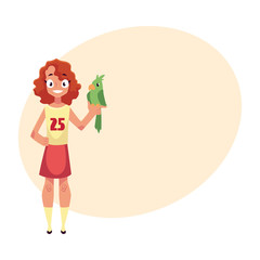 Teen, teenage girl standing and holding green parrot pet, friend, companion, cartoon vector illustration with place for text. Full length portrait of girl with green parrot pet
