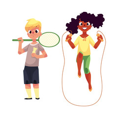 Black African girl and Caucasian boy playing with jumping rope and badminton racket at playground, cartoon vector illustration isolated on white background. Friends having fun at the playground