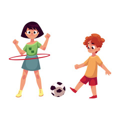 Boy and girl playing football and spinning hula hoop at playground, cartoon vector illustration isolated on white background. Two friends playing at playground, summer outdoor activity concept