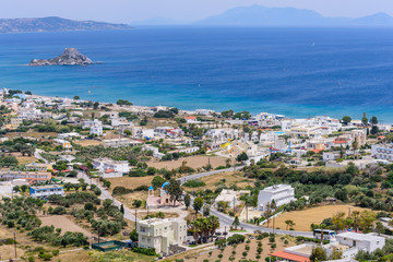 Fototapeta na wymiar Beautiful aerial view of the village Kefalos, Kastri island and the coast of Kos, Dodecanese, Greece