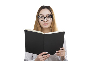 Serious woman with a book