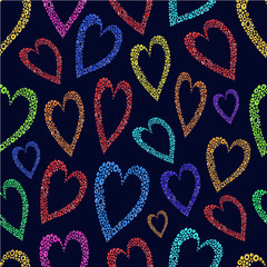 Pattern of colored hearts on a blue background. Watercolor illustration. Handmade